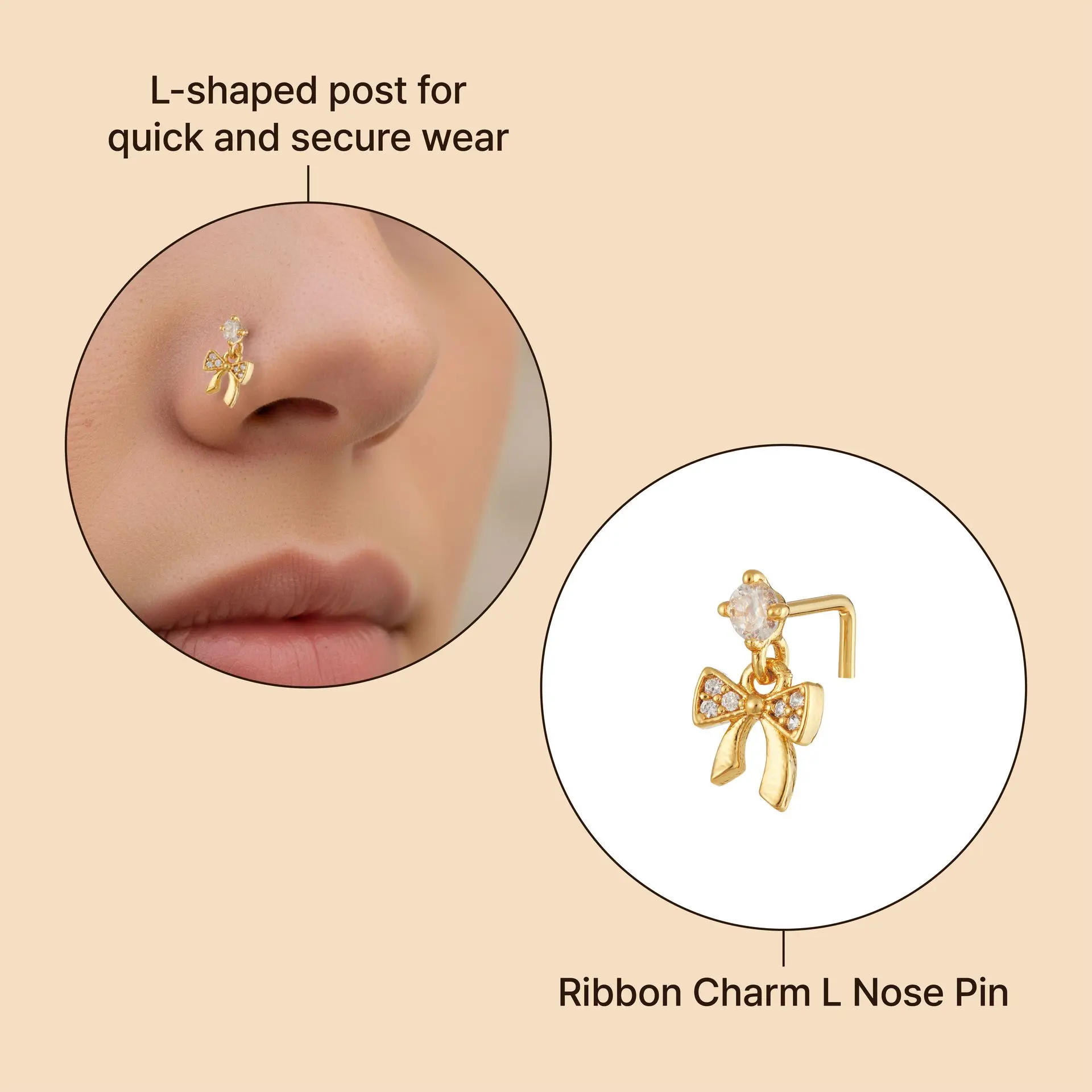 Arria 14K Gold Plated Bow Nose Stud – Cubic Zirconia Detailing - Image 3
