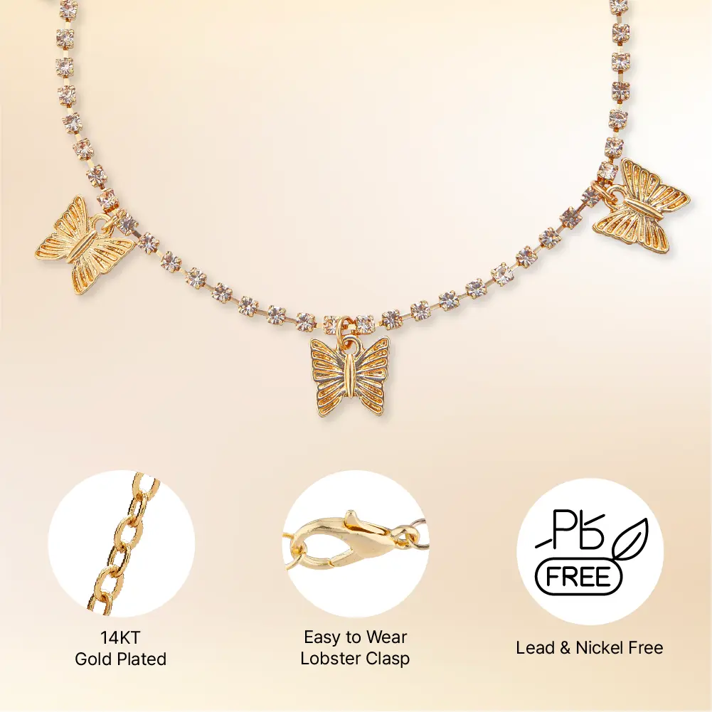 Arria 14K Gold Plated Butterflies Rhinestone Chain Anklet - Image 4
