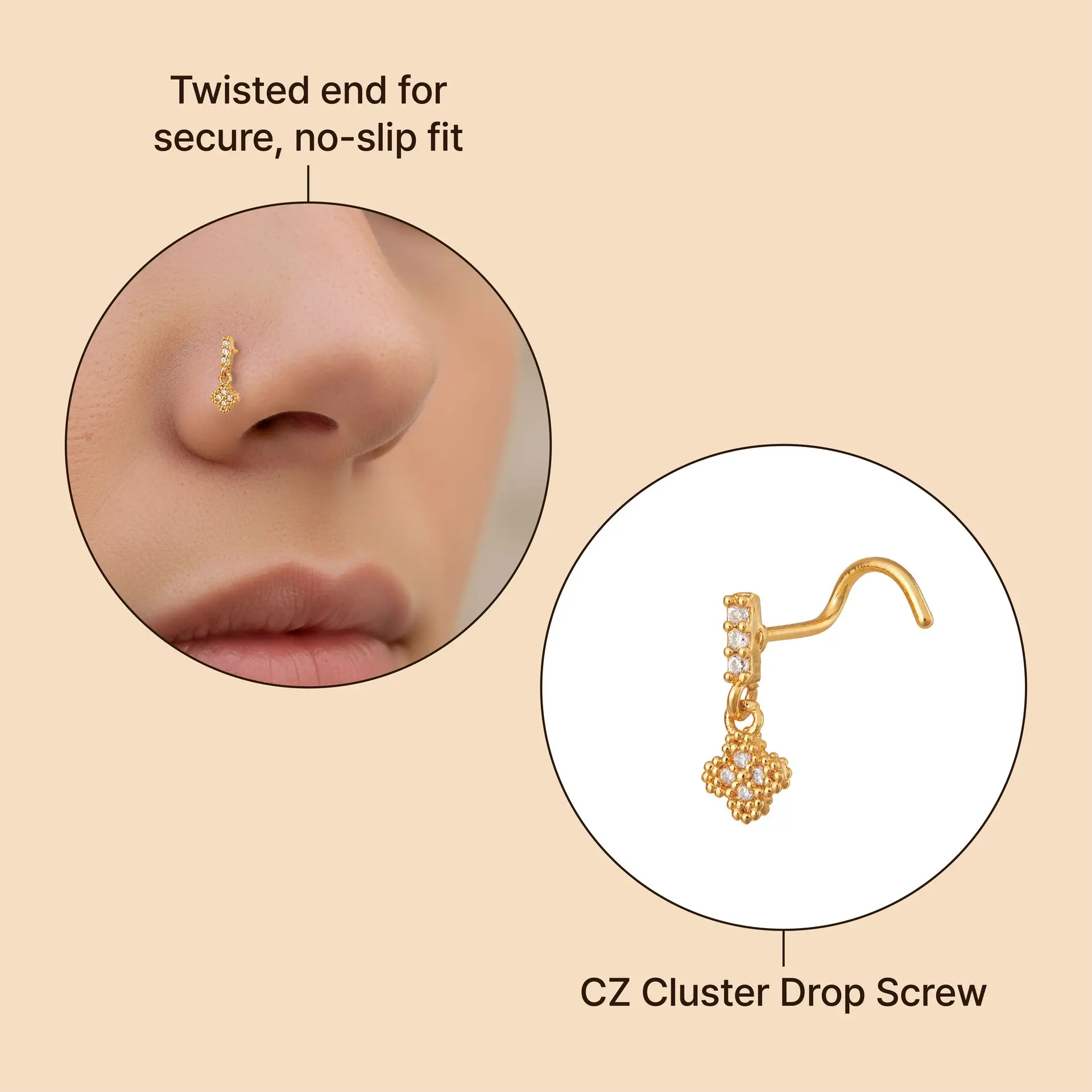 Arria 14K Gold Plated CZ Cluster Drop Screw Nose Stud - Image 3