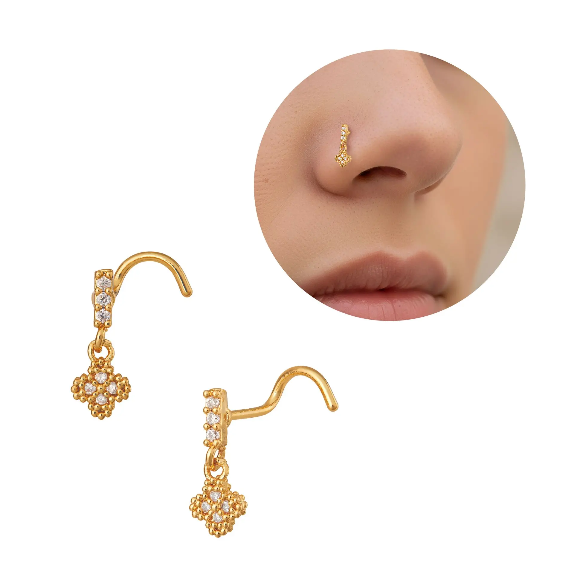 Arria 14K Gold Plated CZ Cluster Drop Screw Nose Stud - Image 6