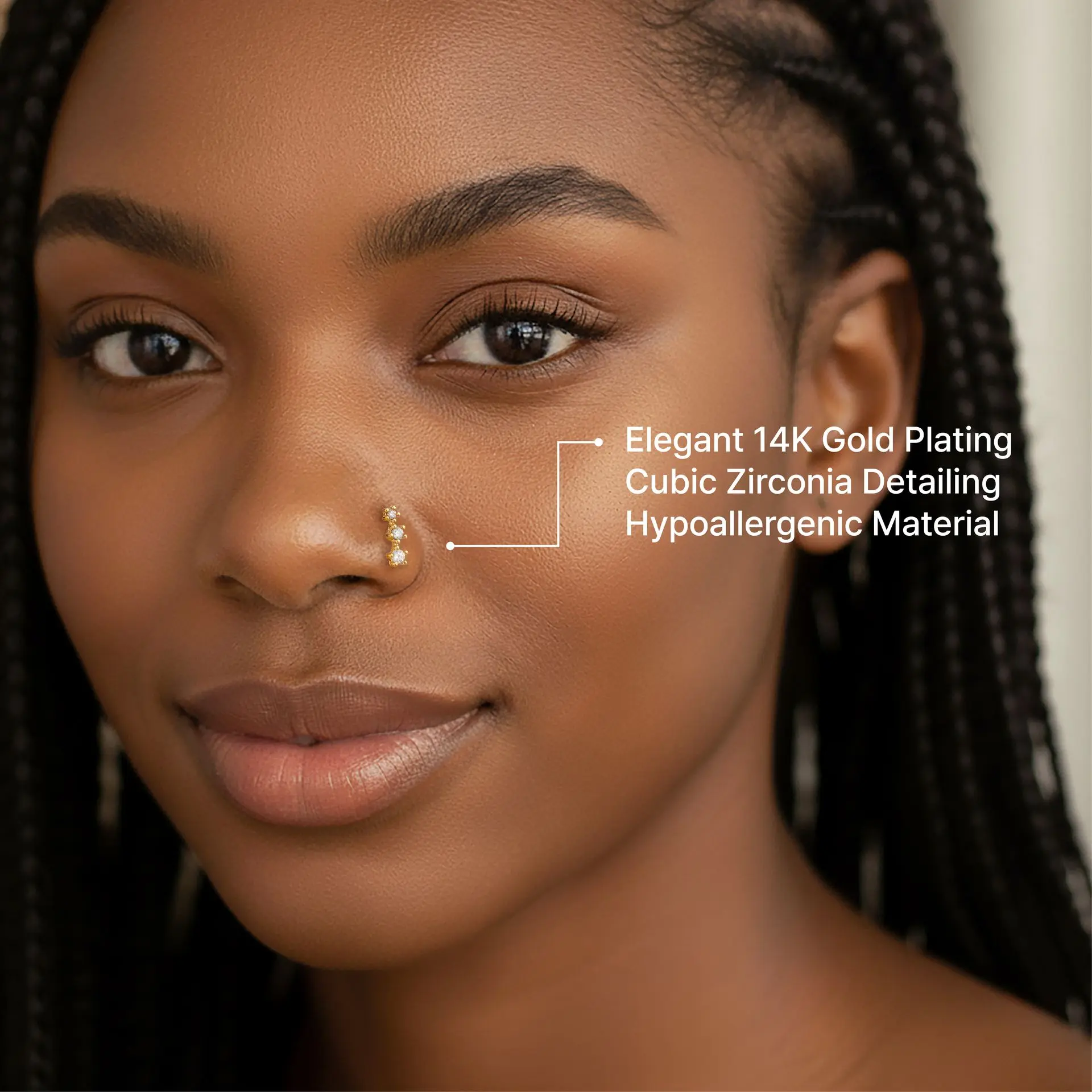 Arria 14K Gold Plated Triple CZ Straight Nose Pin – Hypoallergenic, Minimal & Versatile Design - Image 2
