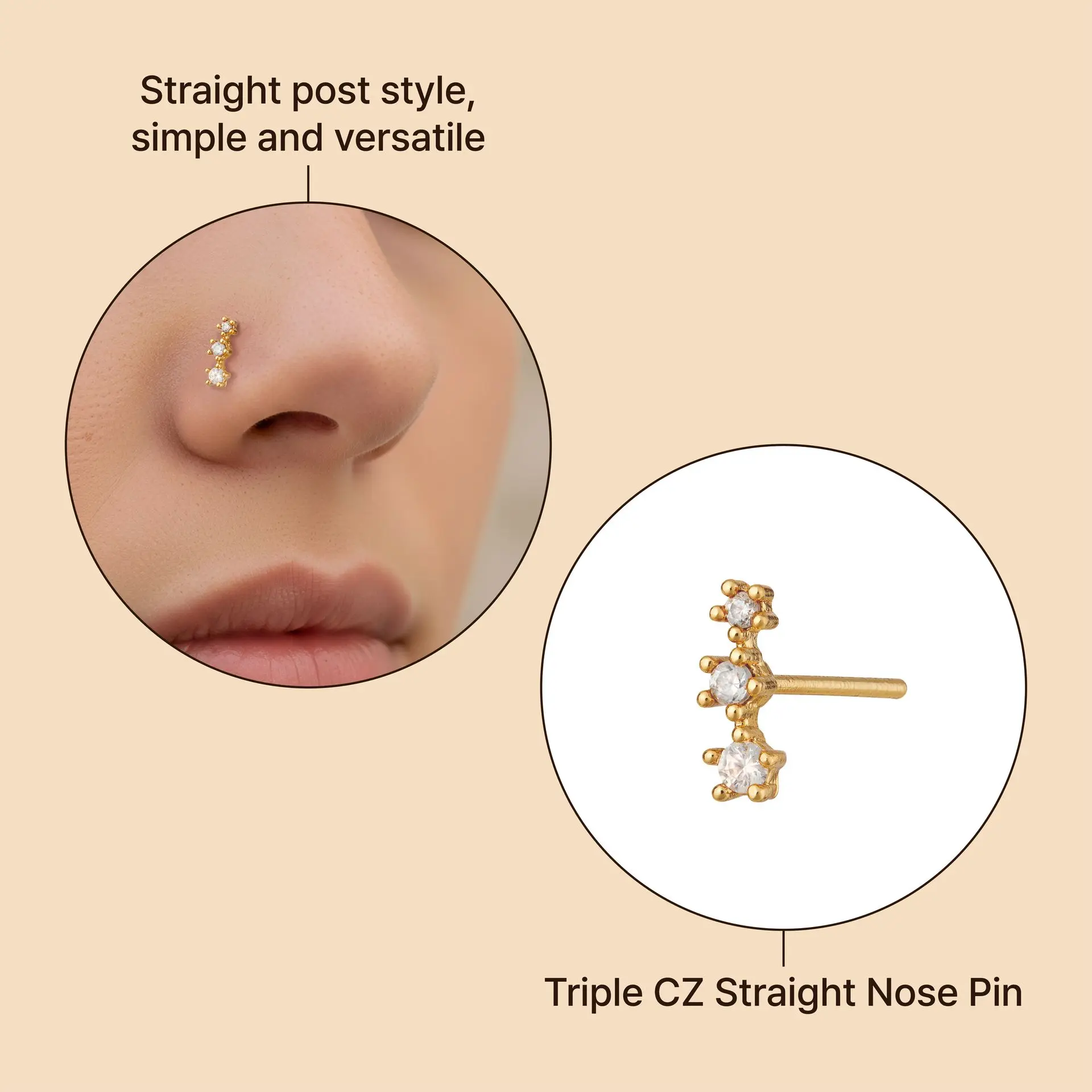 Arria 14K Gold Plated Triple CZ Straight Nose Pin – Hypoallergenic, Minimal & Versatile Design - Image 3