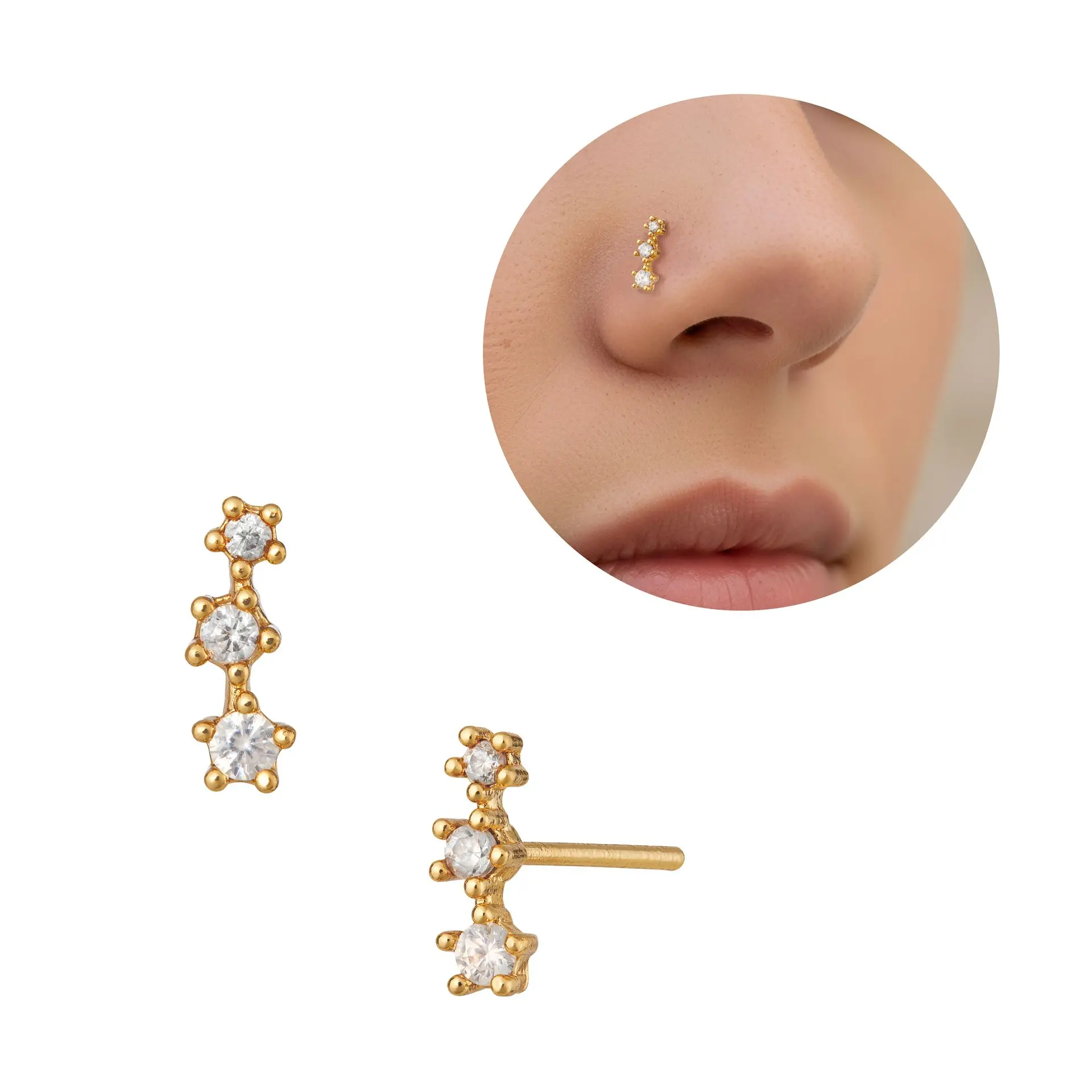 Arria 14K Gold Plated Triple CZ Straight Nose Pin – Hypoallergenic, Minimal & Versatile Design - Image 6
