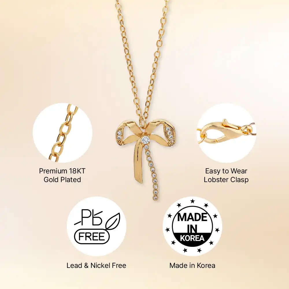 Arria 18K Gold Plated Cubic Zirconia Coquette Bow Pendant Necklace - Image 3