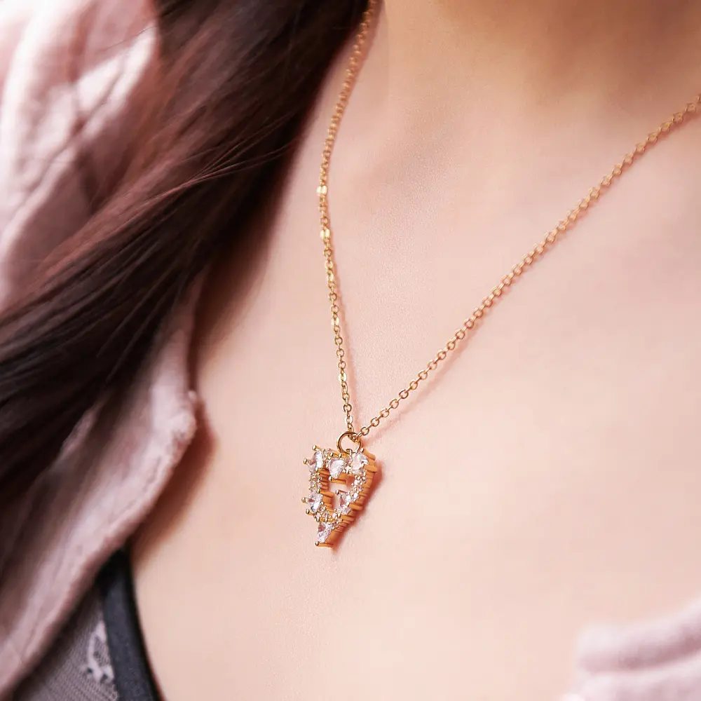 Arria 18K Gold Plated Cubic Zirconia Pave Heart Pendant Necklace - Image 2