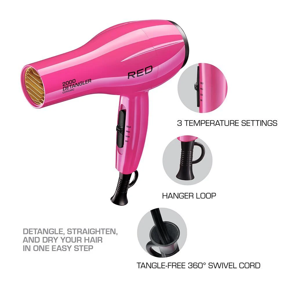 RED by KISS 2000 Ceramic Detangler Hair Dryer 3 Styling Attachments - Image 3