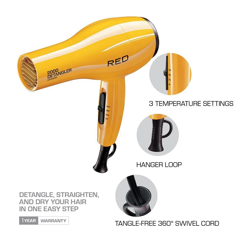 RED by KISS 2000 Ceramic Detangler Hair Dryer 3 Styling Attachments - Image 3