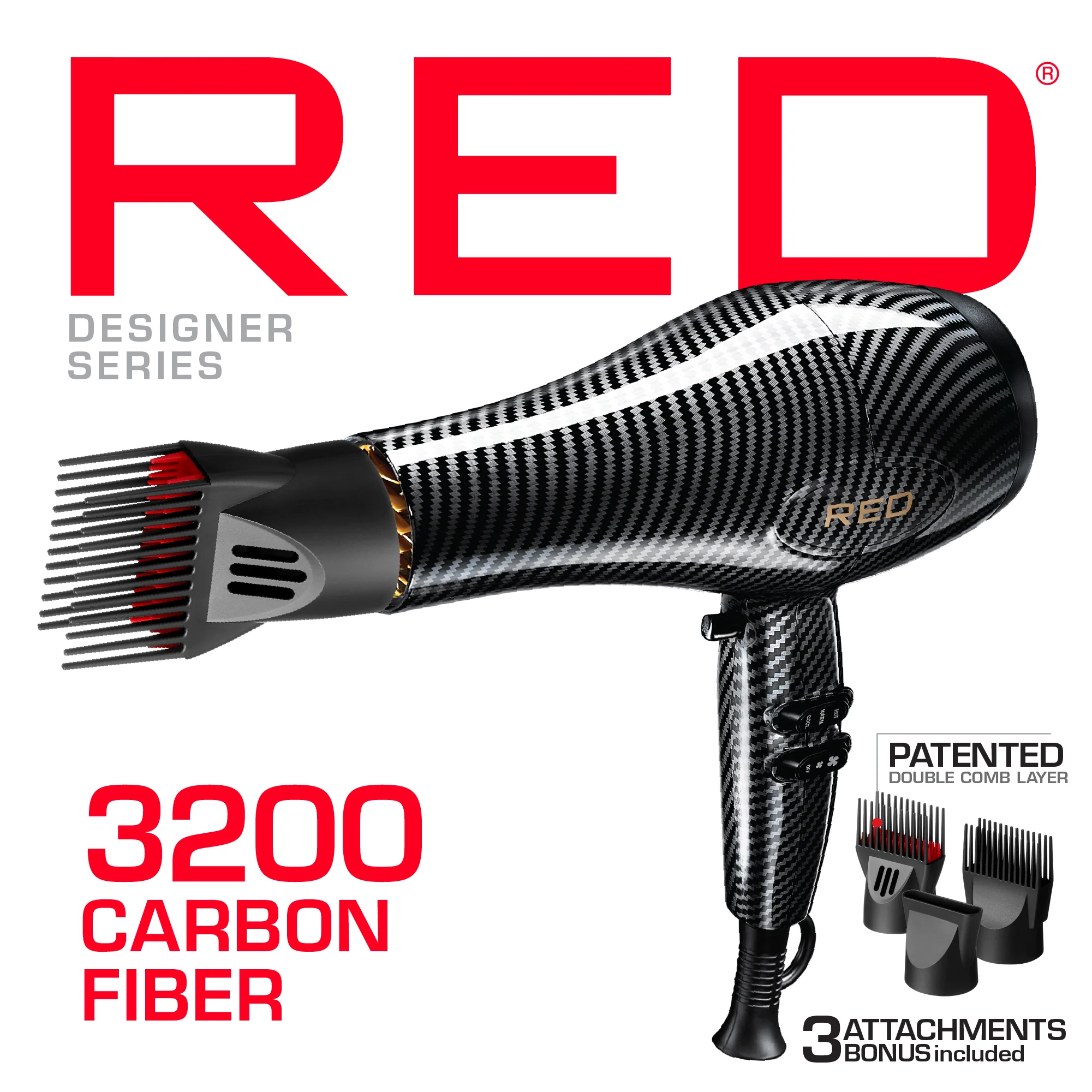 RED by KISS 3200 Detangler Hair Dryer 3 Styling Attachments - Image 12