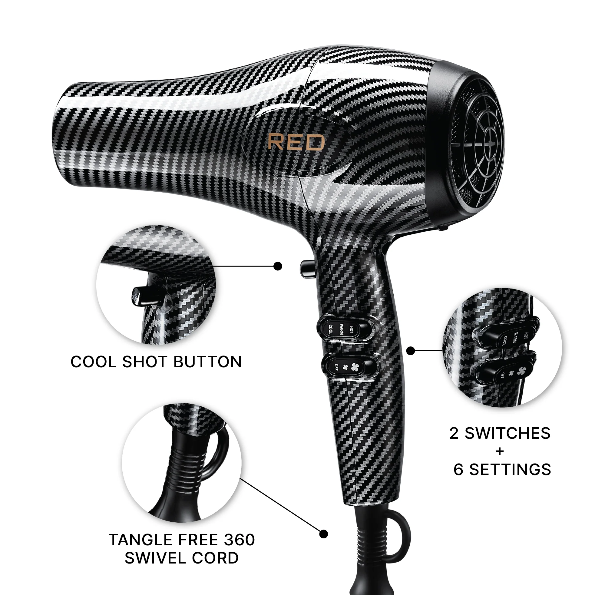 RED by KISS 3200 Detangler Hair Dryer 3 Styling Attachments - Image 6