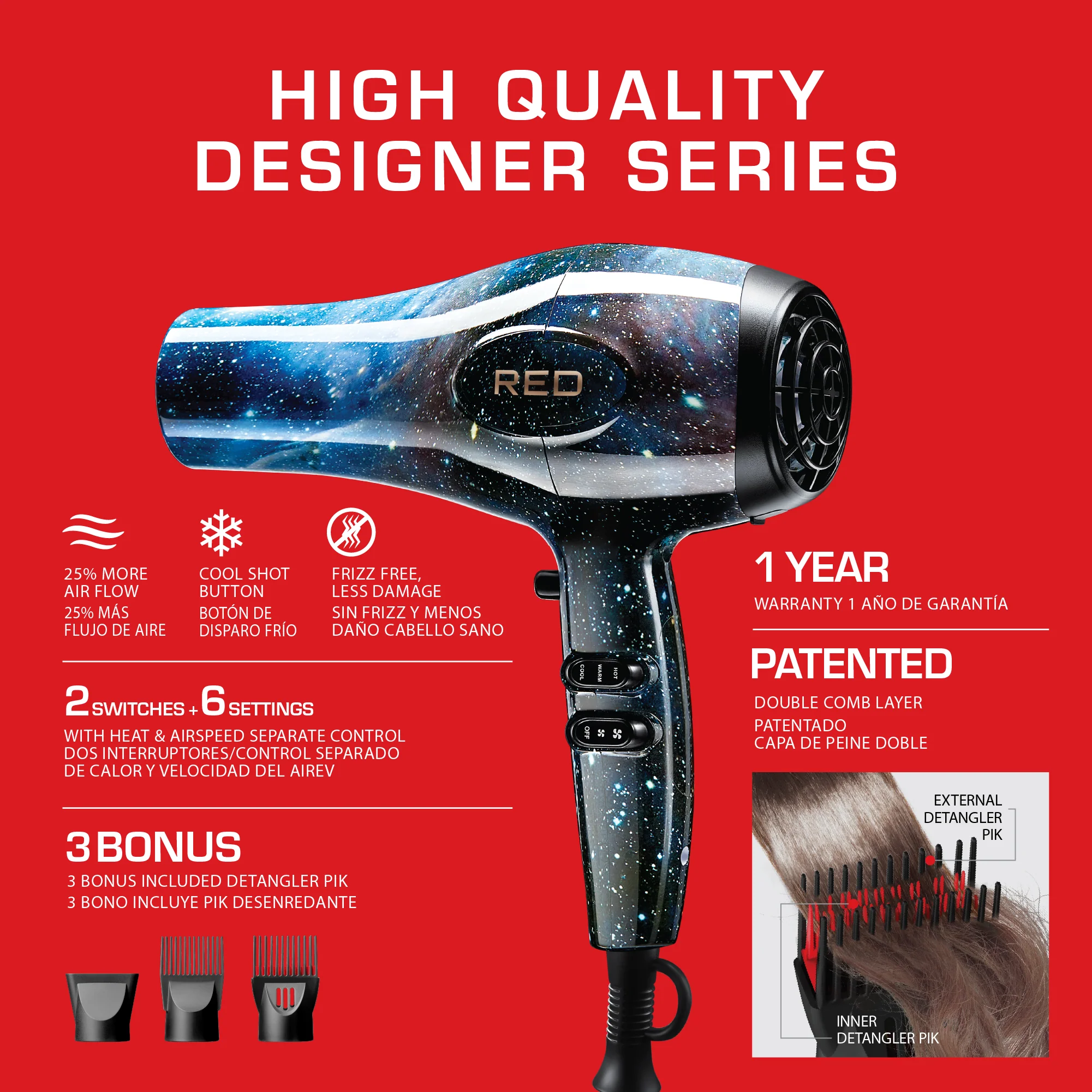 RED by KISS 3200 Detangler Hair Dryer 3 Styling Attachments - Image 7