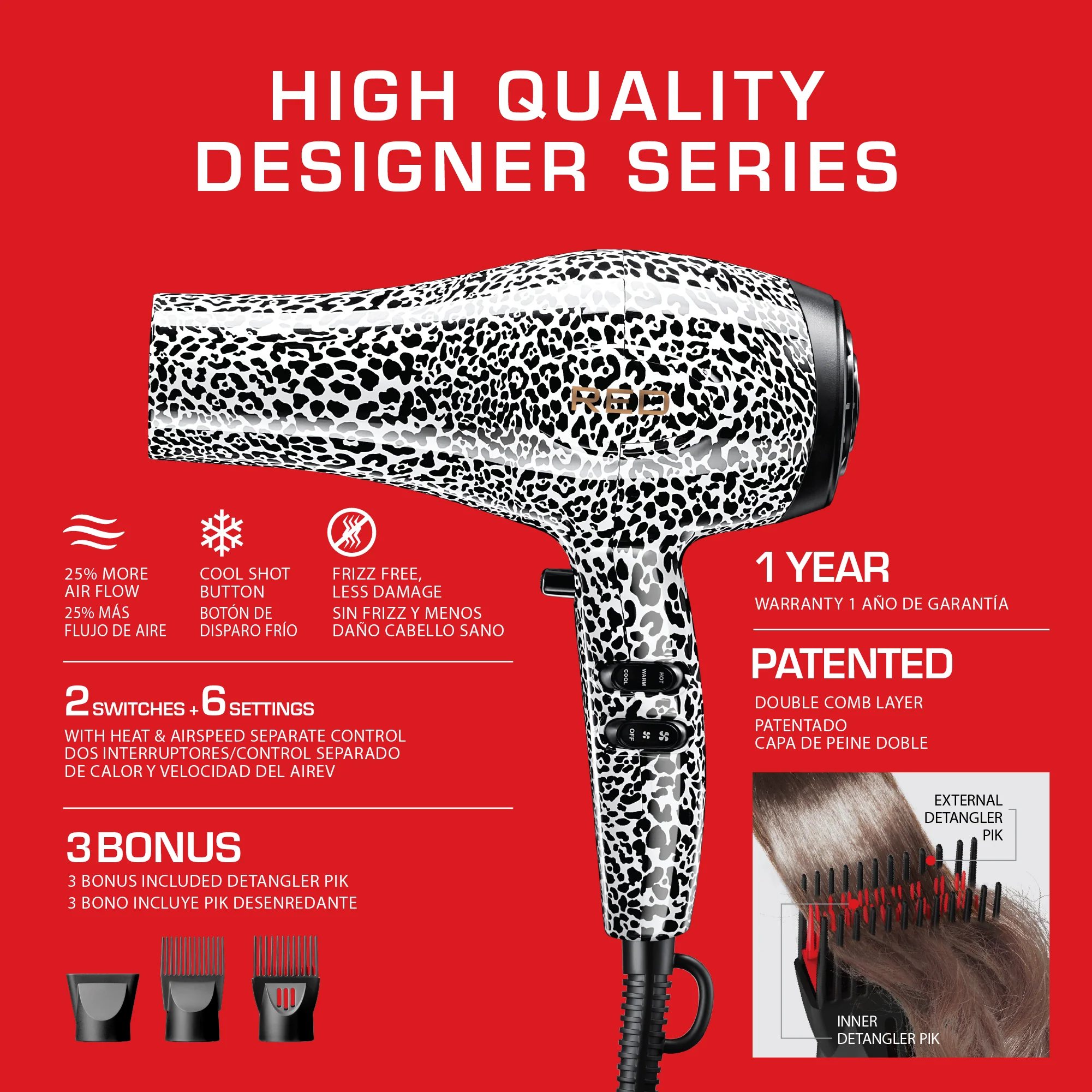 RED by KISS 3200 Detangler Hair Dryer 3 Styling Attachments - Image 8