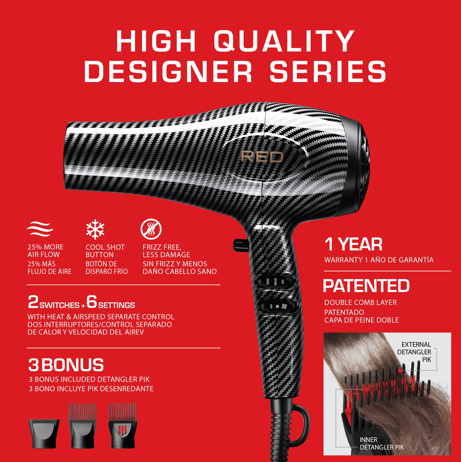 RED by KISS 3200 Detangler Hair Dryer 3 Styling Attachments - Image 9