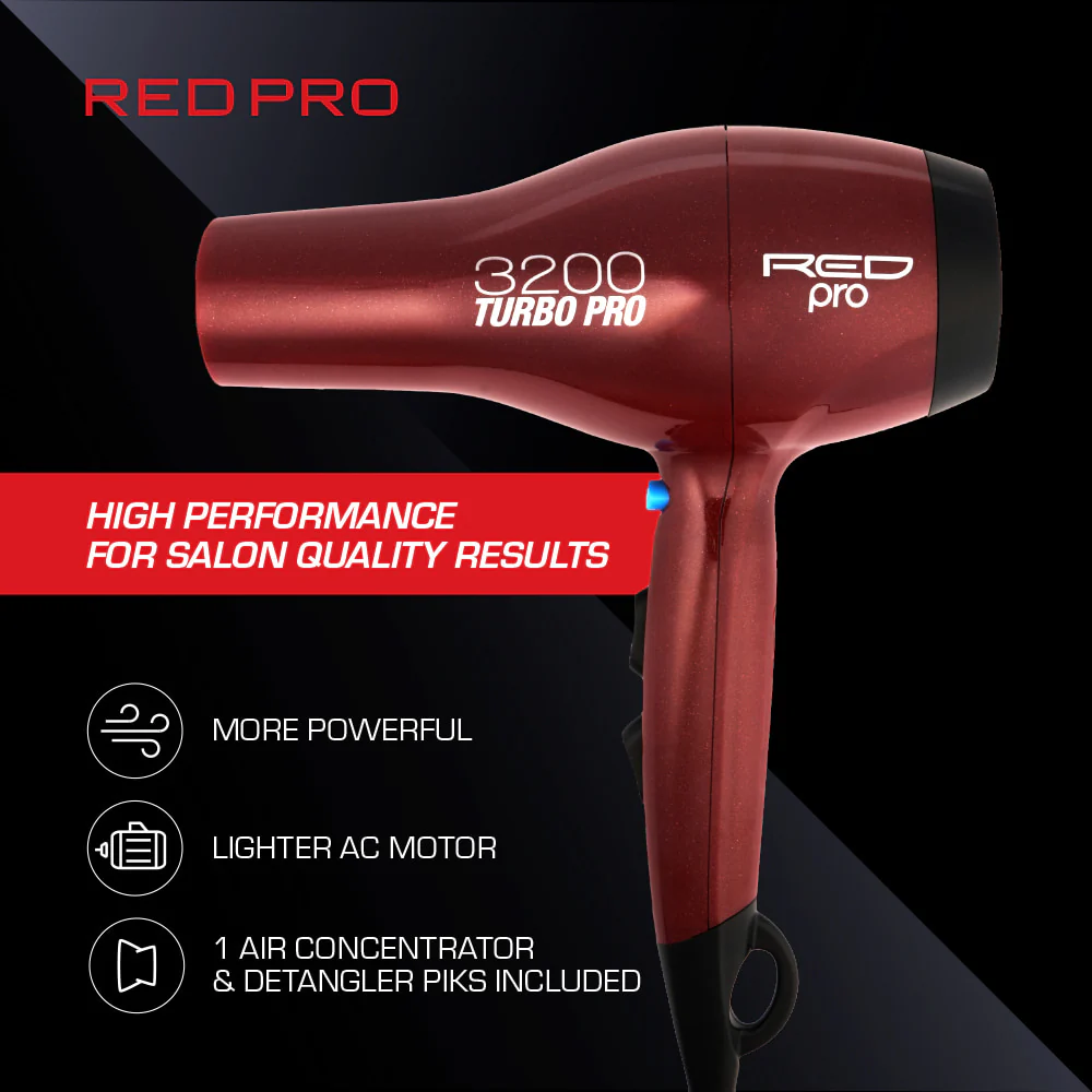 Red PRO 3200 Turbo Pro Hair Dryer 3 Styling Attachments - Image 3