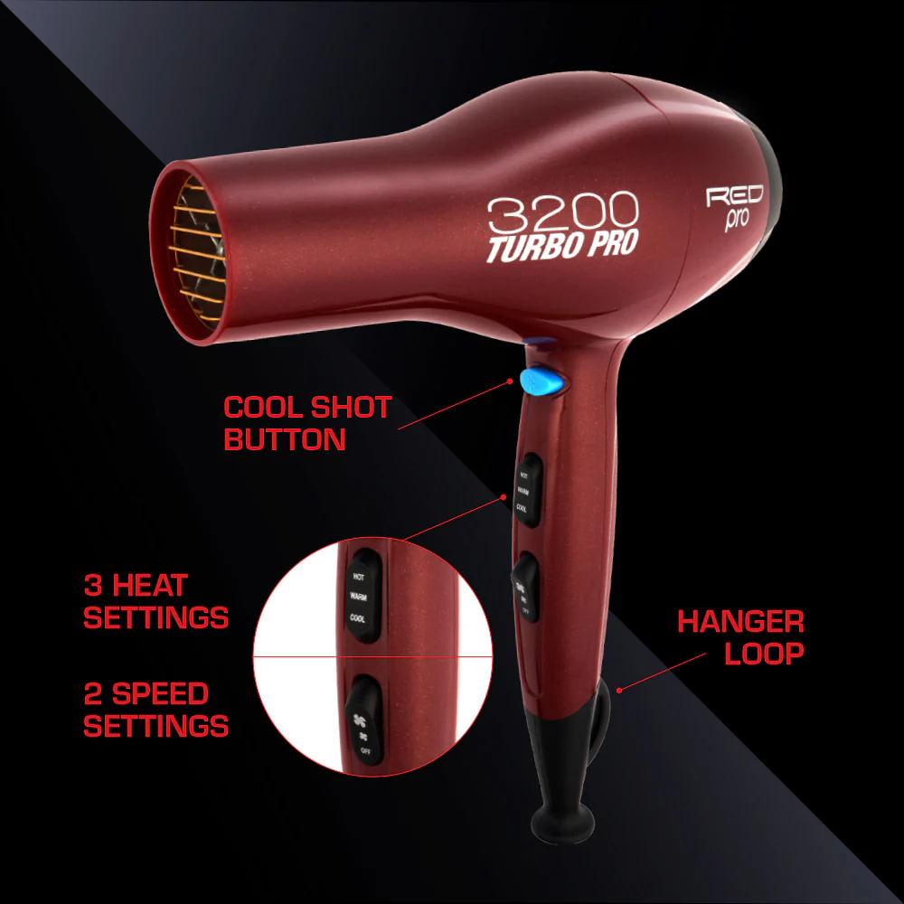 Red PRO 3200 Turbo Pro Hair Dryer 3 Styling Attachments - Image 4