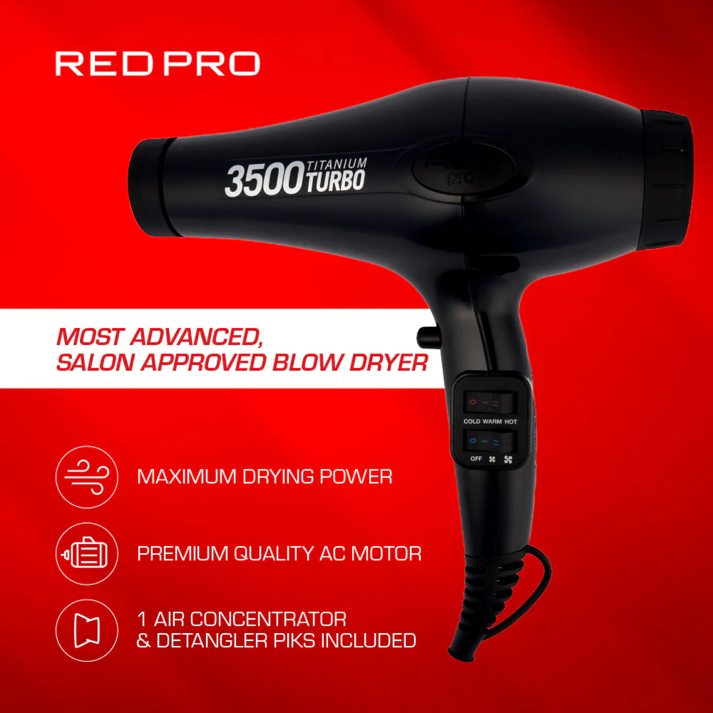 Red PRO 3500 Titanium Turbo Hair Dryer 3 Styling Attachments - Image 3