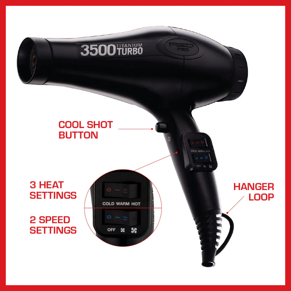 Red PRO 3500 Titanium Turbo Hair Dryer 3 Styling Attachments - Image 4