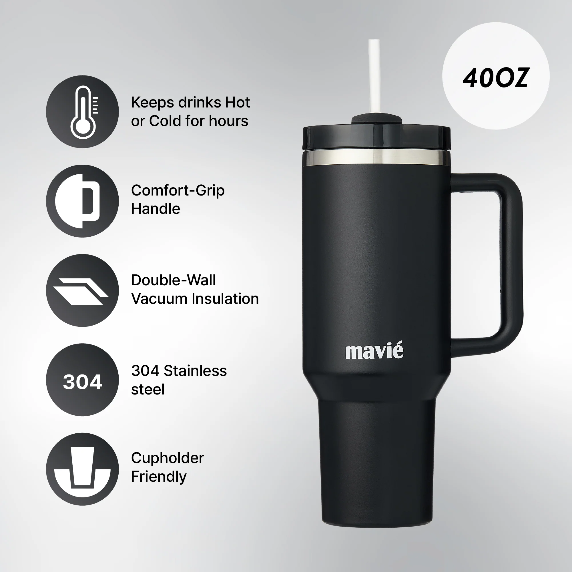 MAVIE 40oz Stainless Steel Tumbler with Handle & Straw - Dishwasher Safe Travel Mug with Rubber Base - Image 2