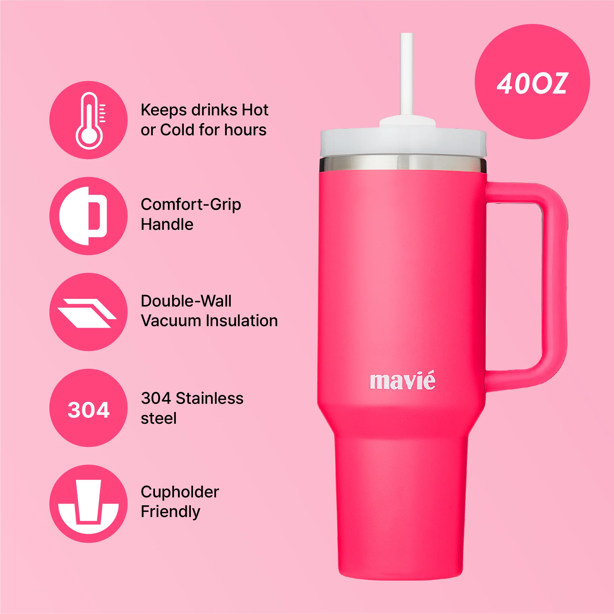 MAVIE 40oz Stainless Steel Tumbler with Handle & Straw - Dishwasher Safe Travel Mug with Rubber Base - Image 29