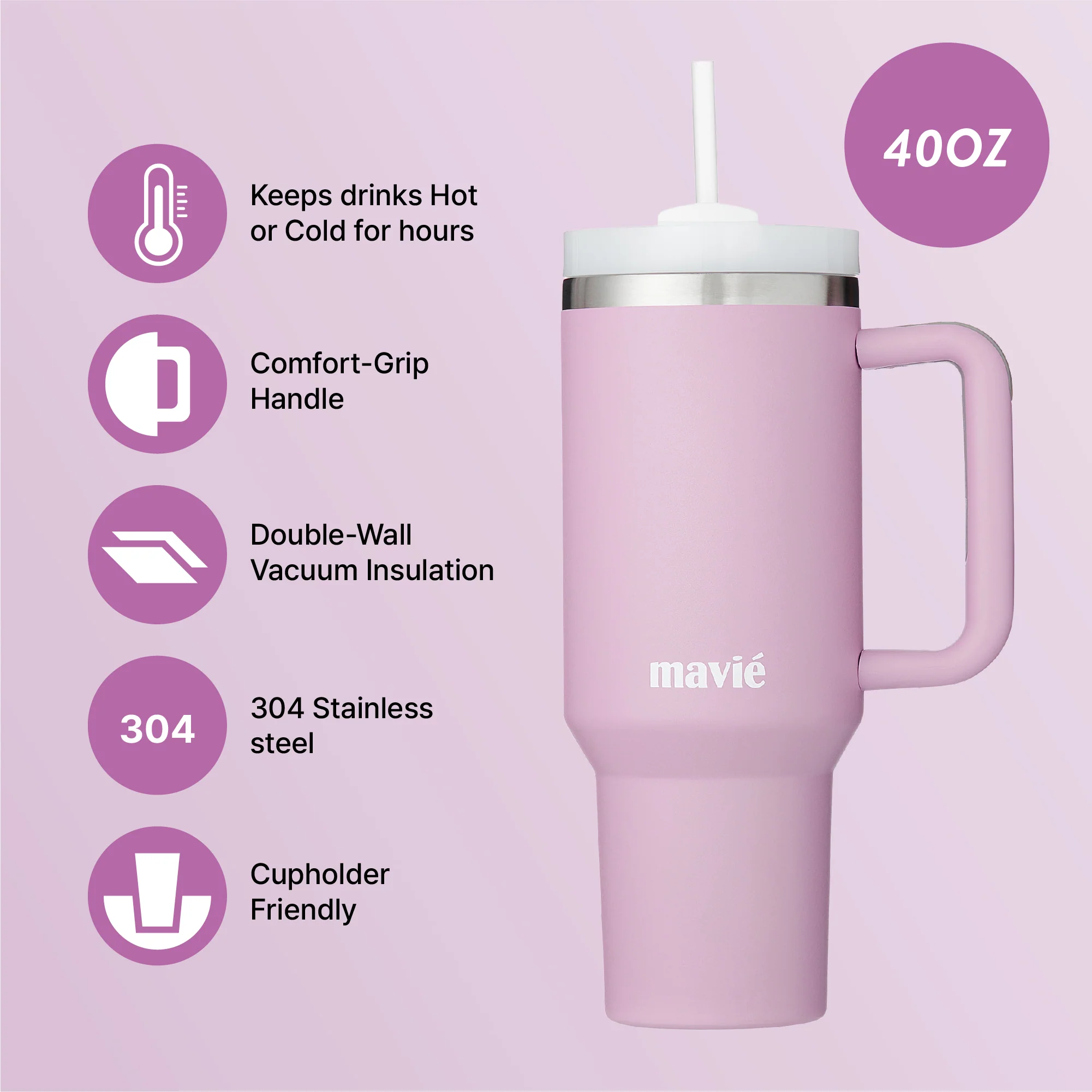 MAVIE 40oz Stainless Steel Tumbler with Handle & Straw - Dishwasher Safe Travel Mug with Rubber Base - Image 38