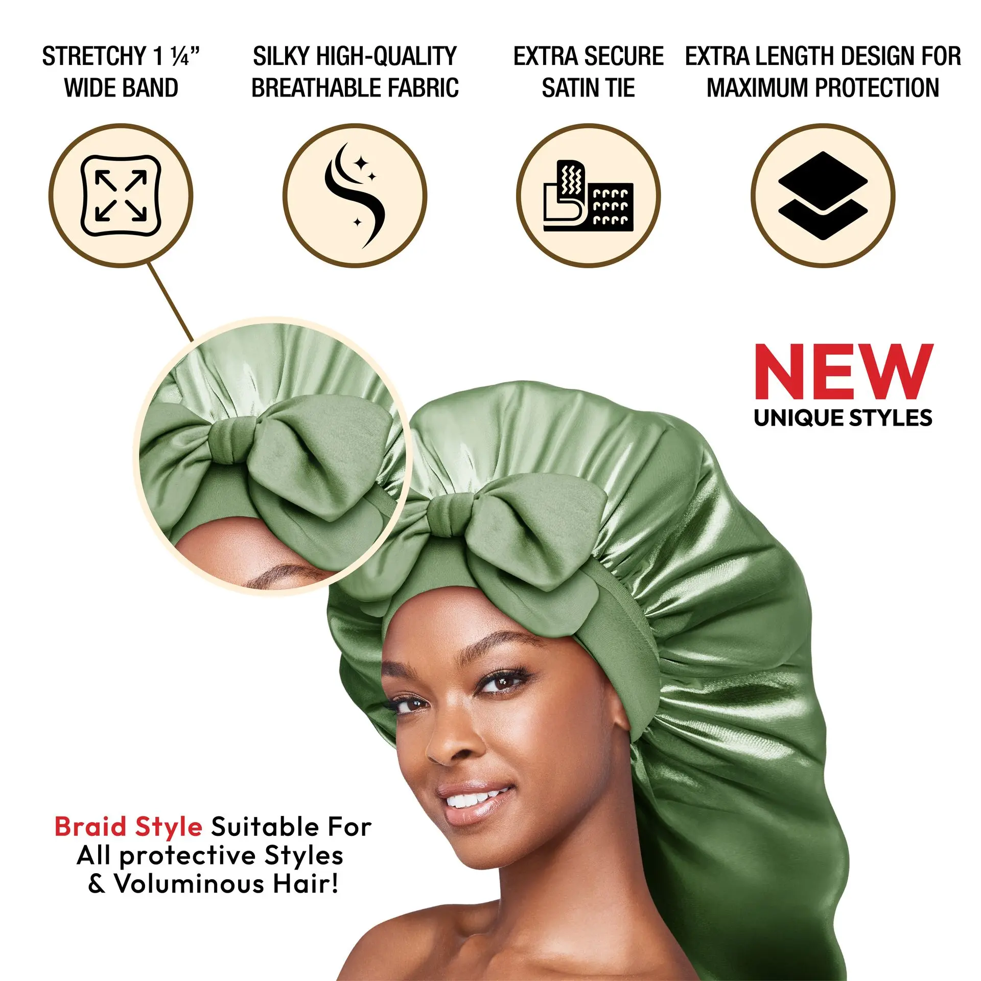 RED by KISS Adjustable Satin Bonnet with Tie Band – Extra Large Silky Cap for Braids, Locs & Curls - Image 69