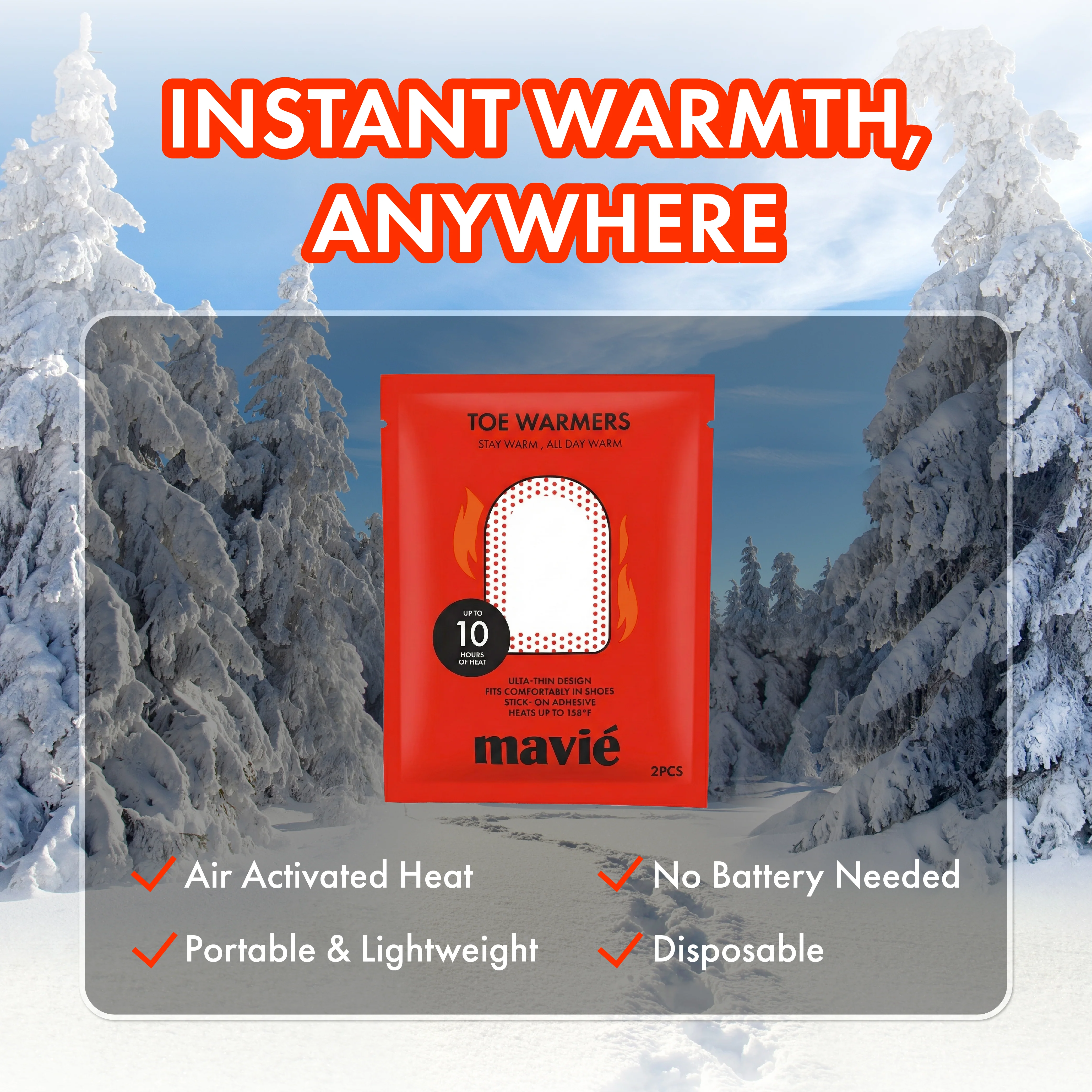 MAVIE Air-Activated Adhesive Toe Warmers Instant Heat, Includes 2 Warmers - Image 5