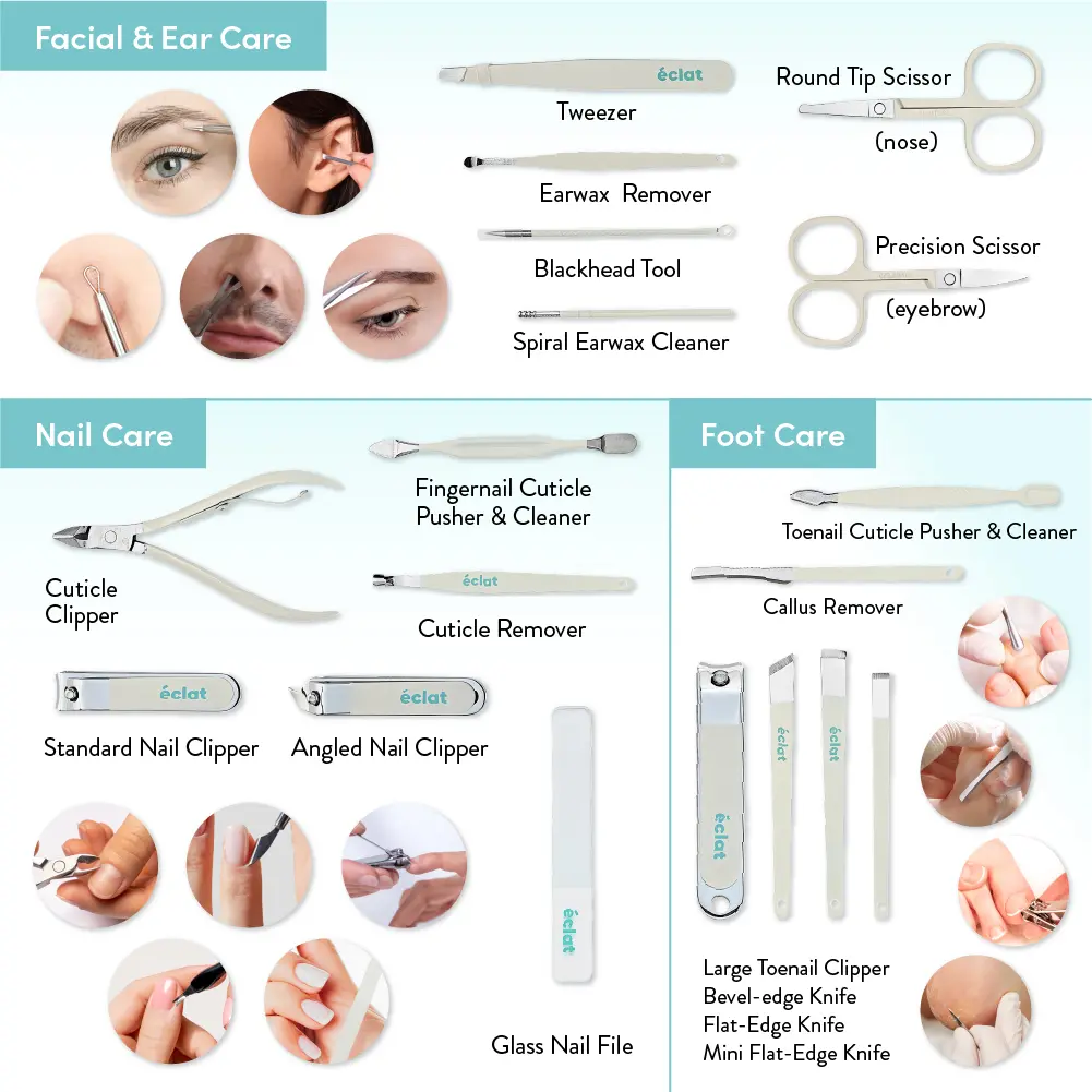 éclat All-in-One Manicure & Pedicure Grooming Kit with Travel Case – Cream (7 / 10 / 18 pcs) - Image 13