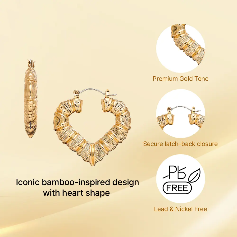 Arria Bamboo Heart Hoop Earrings in Gold Tone – 33mm - Image 4
