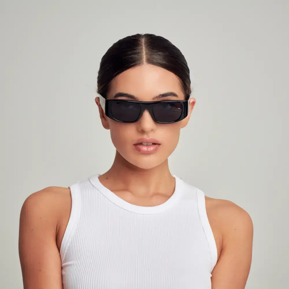 Mad Shade Bold Black Rectangle Frame with Gold Temple Accent UV400 Lens Protection - Narrow 90s Vintage Inspired Shades #54 - Image 3