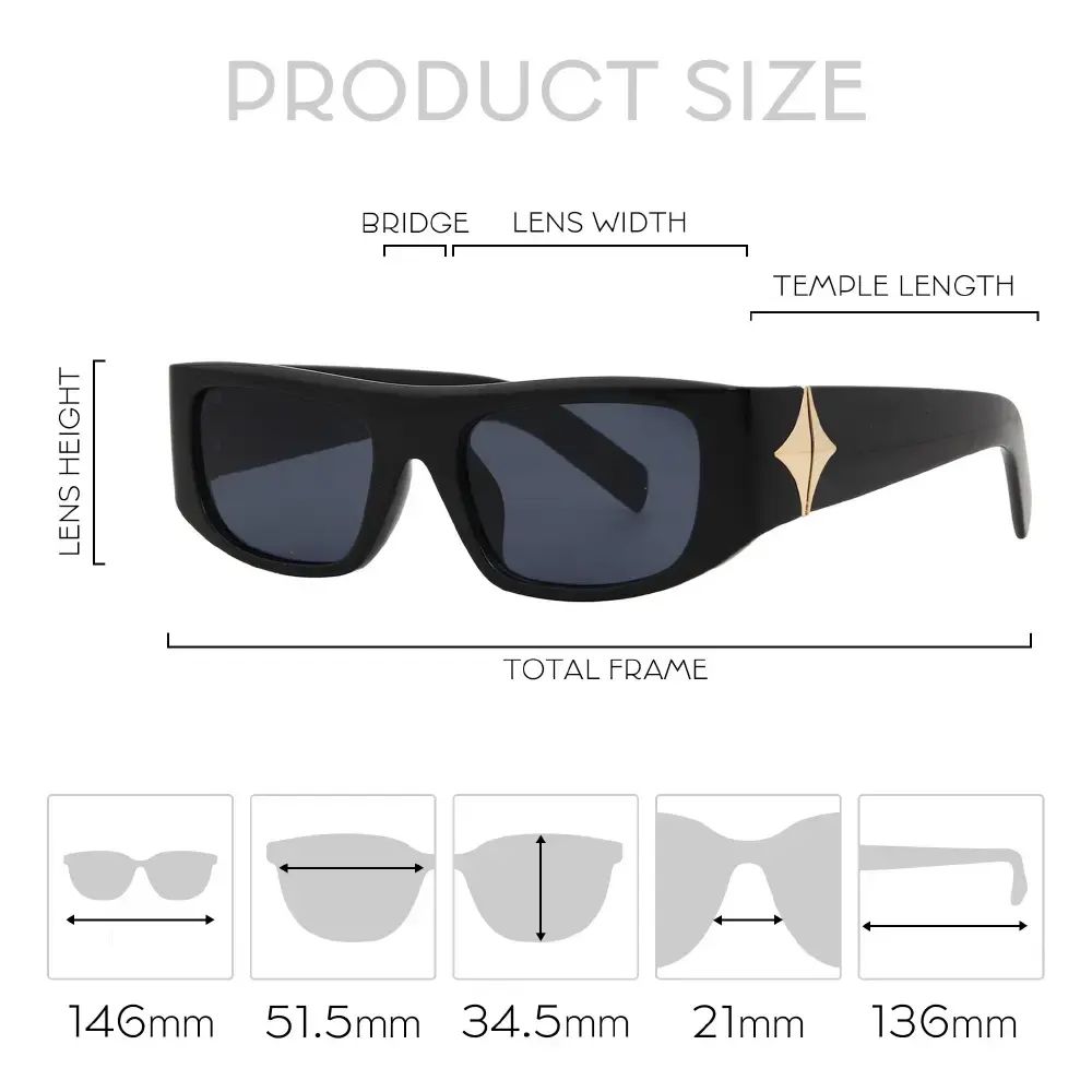 Mad Shade Bold Black Rectangle Frame with Gold Temple Accent UV400 Lens Protection - Narrow 90s Vintage Inspired Shades #54 - Image 4