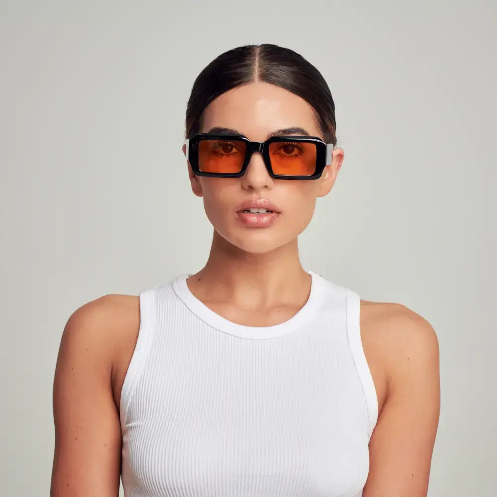 Mad Shade Bold Black Square Sunglasses with Orange Tinted UV400 Lenses – Retro Unisex Oversized Fashion Shades #51 - Image 3
