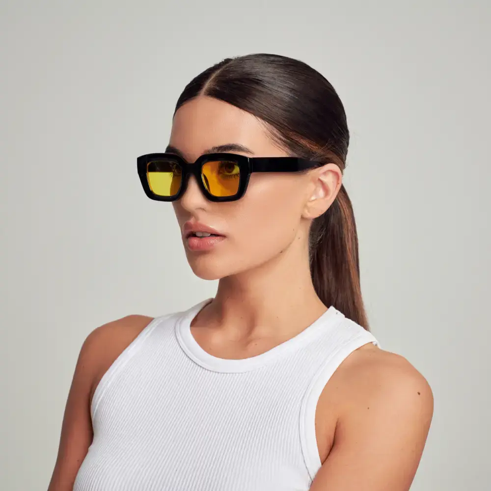 Mad Shade Bold Black Square Sunglasses with Yellow Tinted UV400 Lenses – Retro Unisex Oversized Fashion Shades #52 - Image 2
