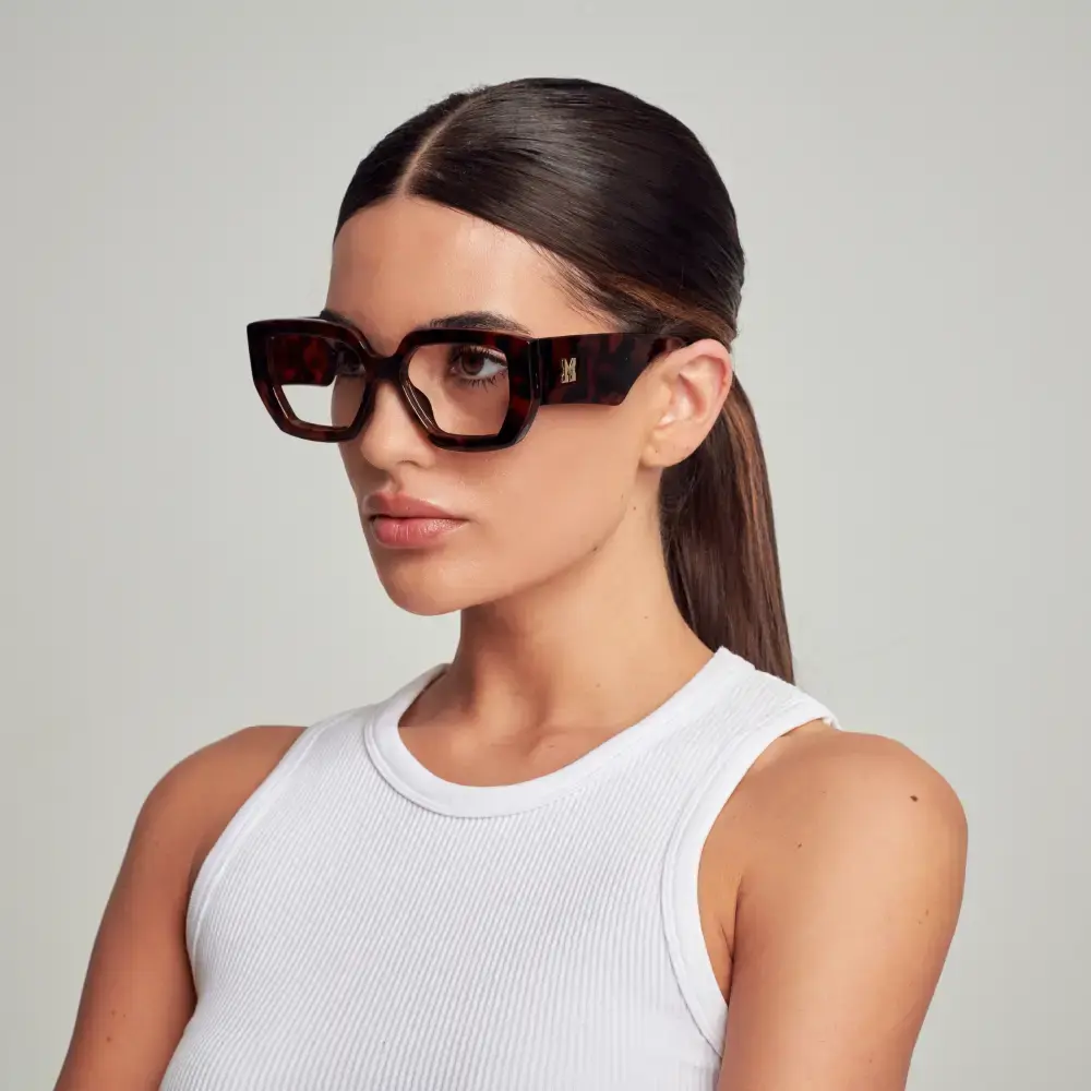 Mad Shade Bold Tortoise Rectangle Frame with Clear Lens & Gold M Logo – Oversized Statement Glasses #43 - Image 4