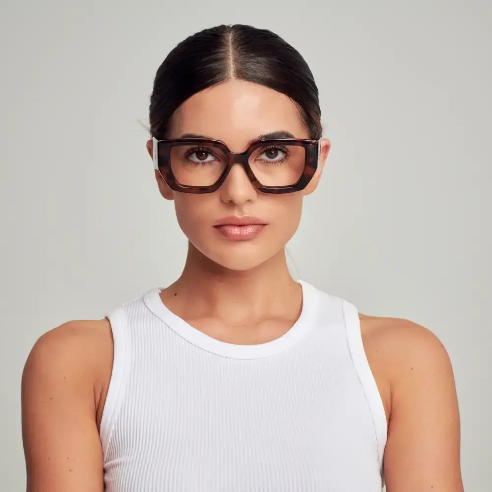 Mad Shade Bold Tortoise Rectangle Frame with Clear Lens & Gold M Logo – Oversized Statement Glasses #43 - Image 5