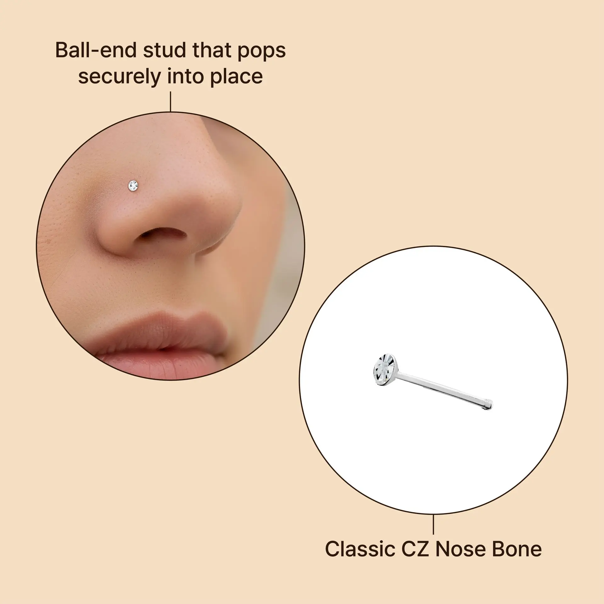 Arria Classic CZ Nose Bone Stud – White Gold Tone, Hypoallergenic, Secure Ball-End Design - Image 3