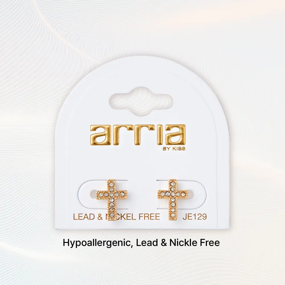 Arria Cross Stud Earrings in Gold & White Gold Tone – 9×12mm - Image 3