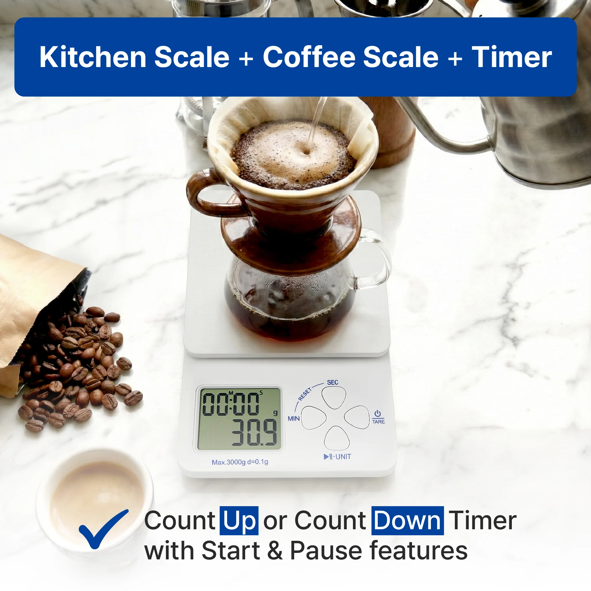 MAVIE 2-in-1 Digital Coffee Scale with Timer High Precision Pour-Over Food Scale (3kg / 0.1g Accuracy) - Image 3
