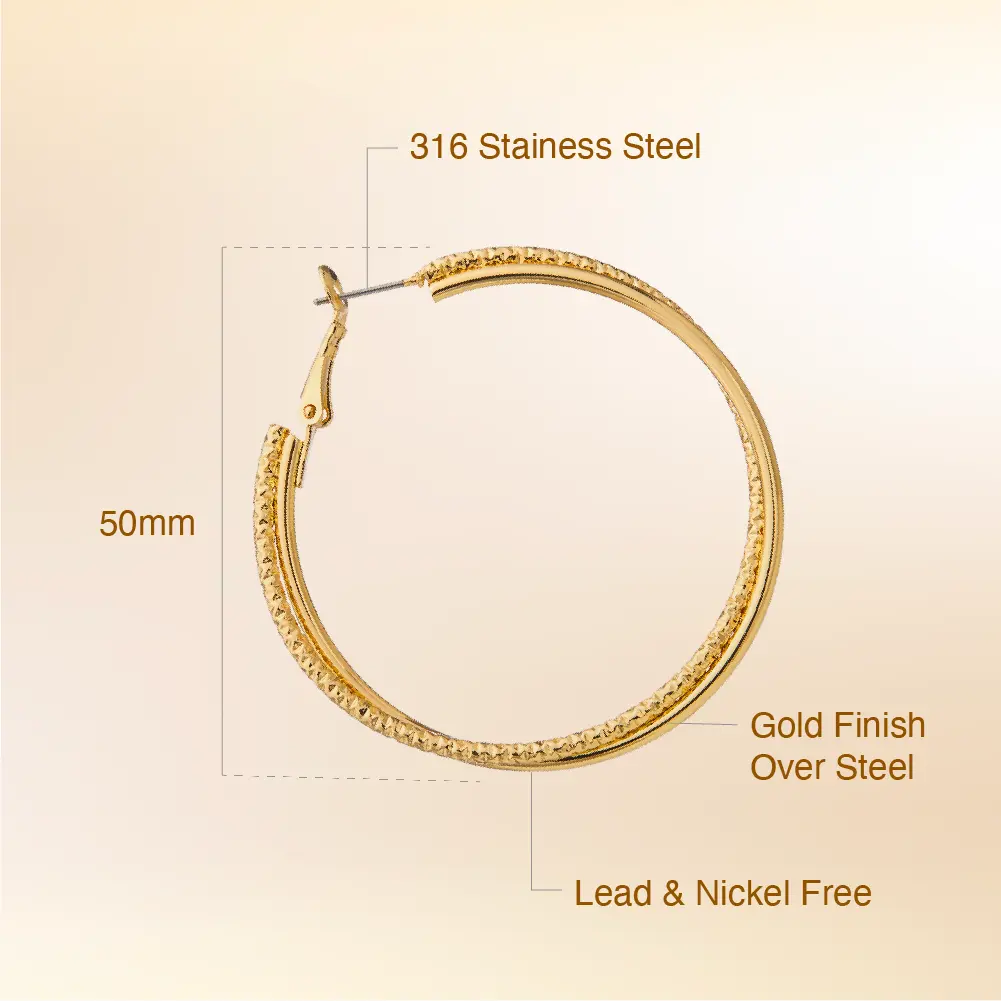 Arria Double Fixed Pincatch Gold Tone Hoop Earrings - 50mm - Image 4
