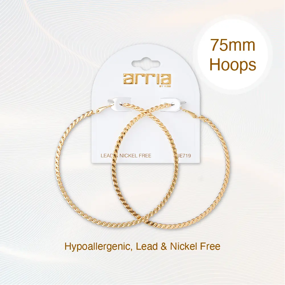 Arria Double Fixed Pincatch Gold Tone Textured Hoop Earrings - 75mm - Image 3