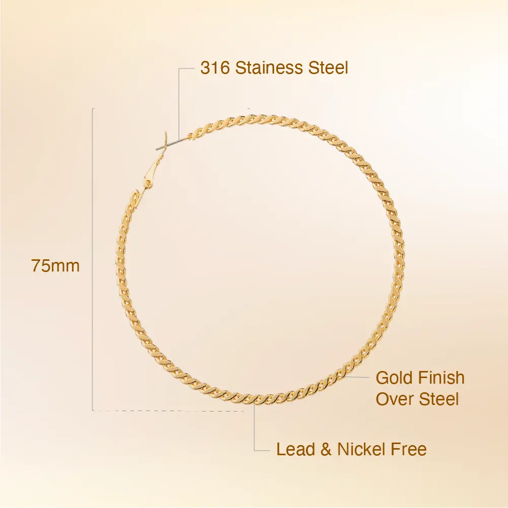 Arria Double Fixed Pincatch Gold Tone Textured Hoop Earrings - 75mm - Image 4