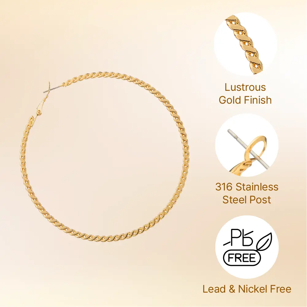 Arria Double Fixed Pincatch Gold Tone Textured Hoop Earrings - 75mm - Image 5