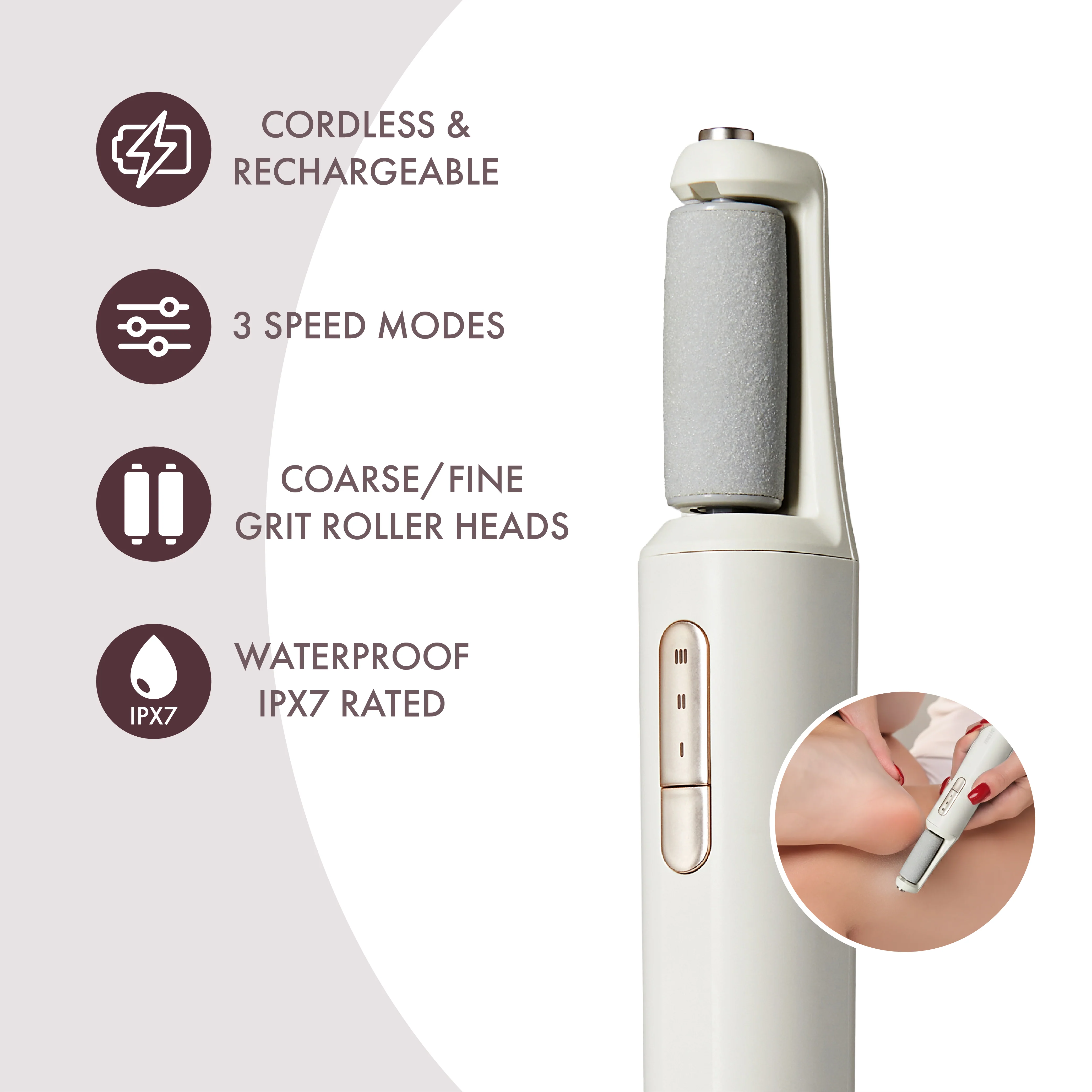 MAVIE Electric Foot File & Callus Remover – Cordless Professional Pedicure Tool with 3 Speeds & Dual Rollers (IPX7 Waterproof) - Image 5