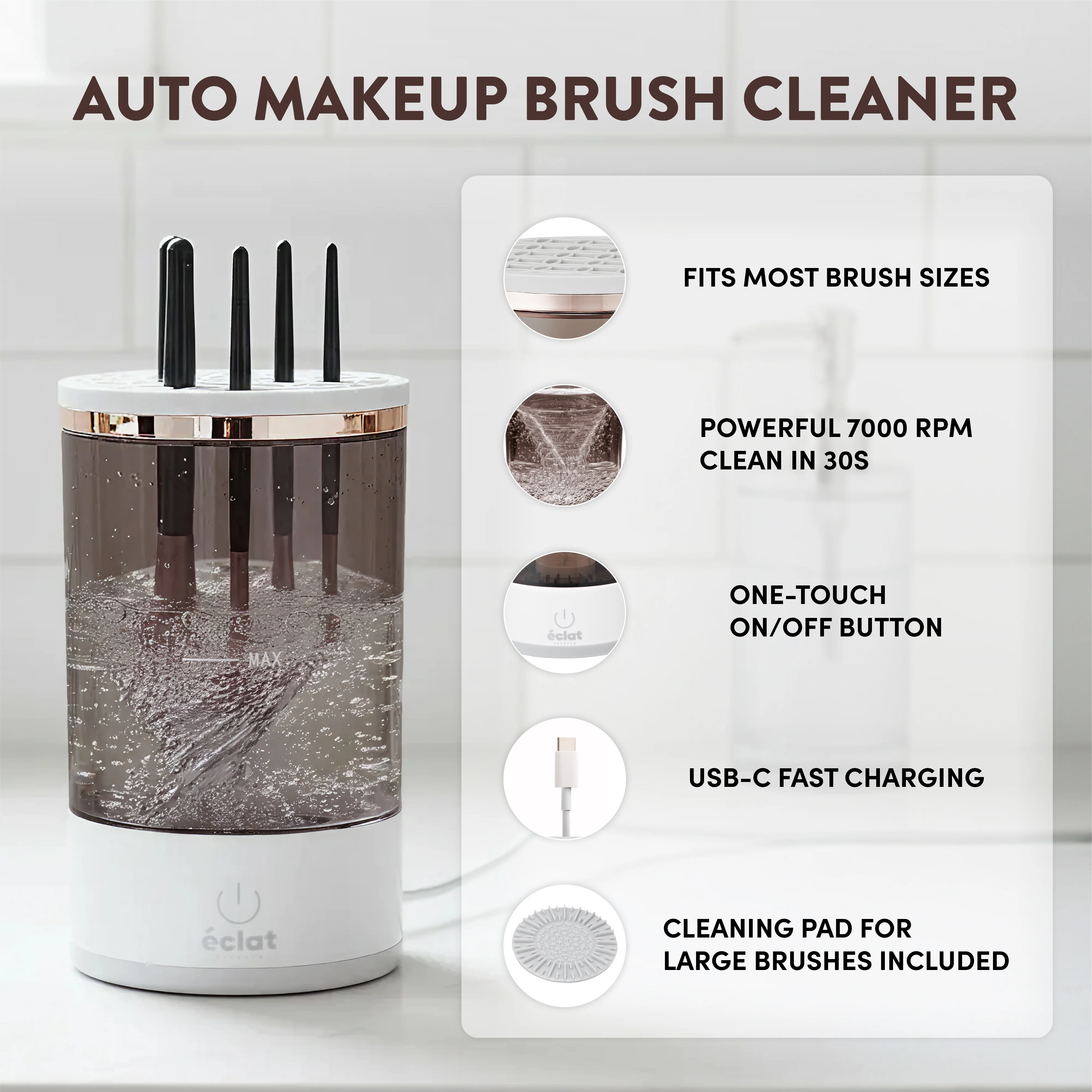 éclat Electric Makeup Brush Cleaner – Automatic USB Deep Washer for Brushes & Sponges (White) - Image 5