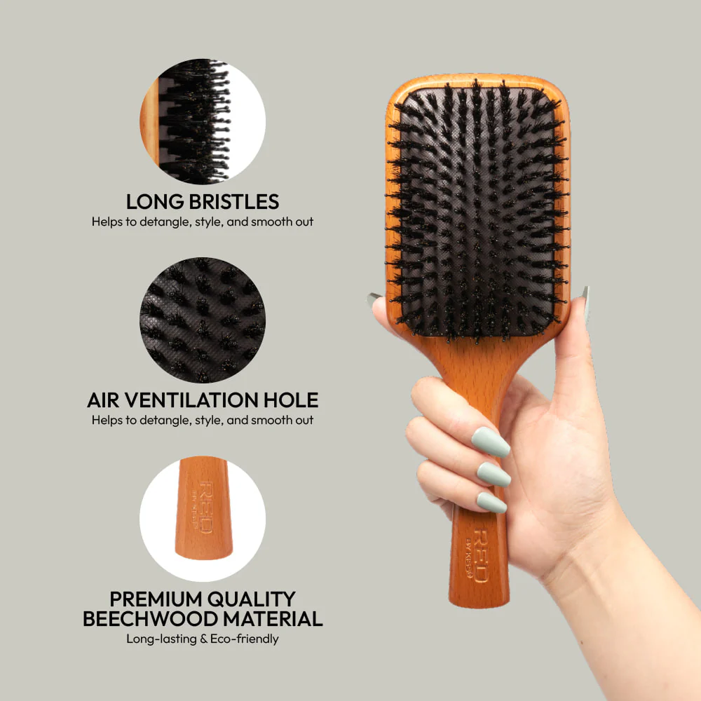 RED by KISS Evergreen Wooden Square Boar Paddle Hair Brush - Image 2