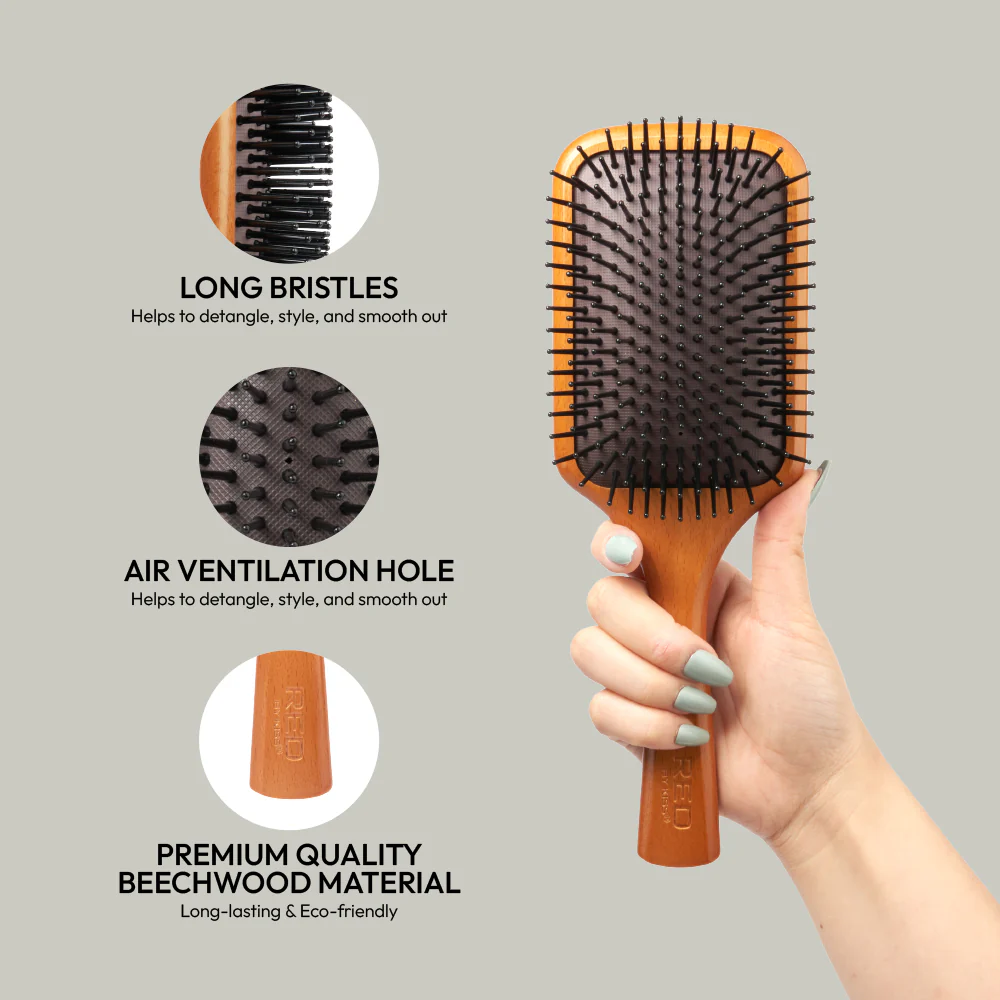 RED by KISS Evergreen Wooden Square Paddle Hair Brush - Image 3