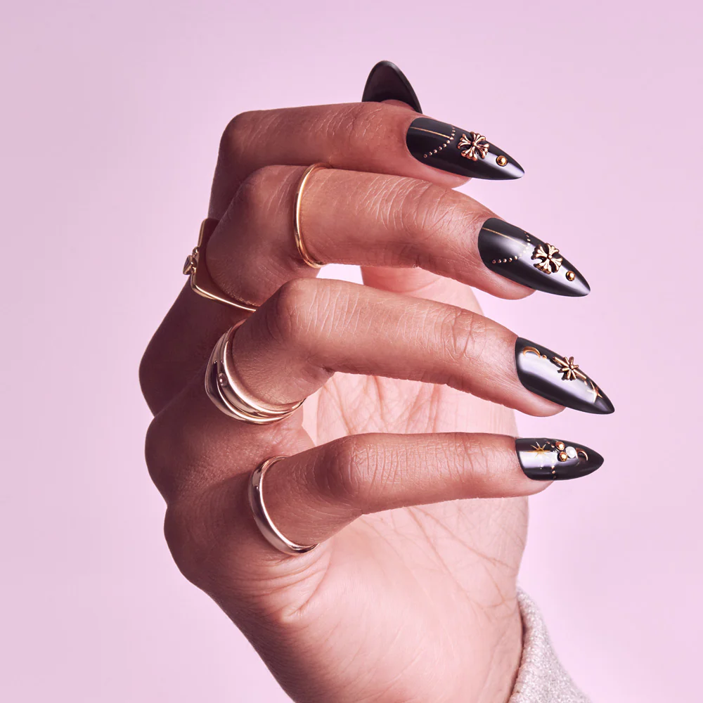Gold Finger Glitzy 3D Handmade Press-On Nails – Black & Gold Celestial (Long Almond)