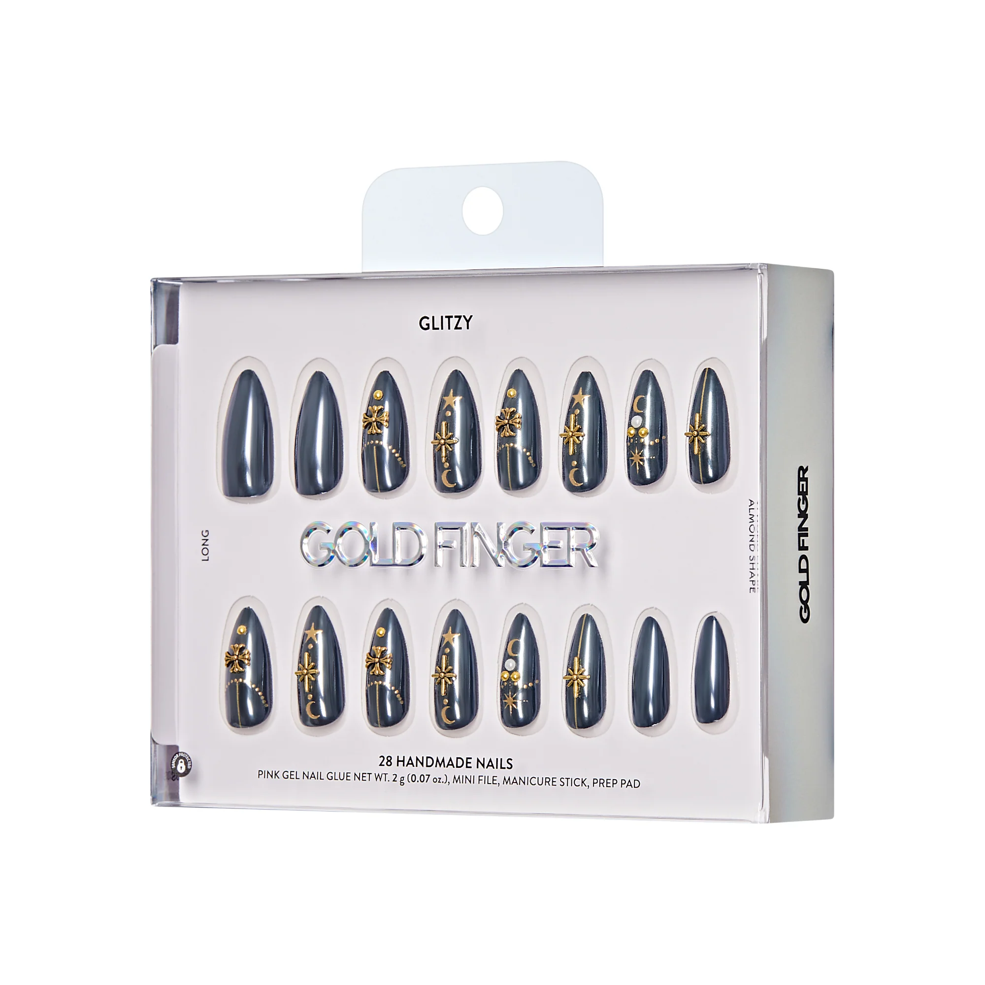 Gold Finger Glitzy 3D Handmade Press-On Nails – Black & Gold Celestial (Long Almond) - Image 10