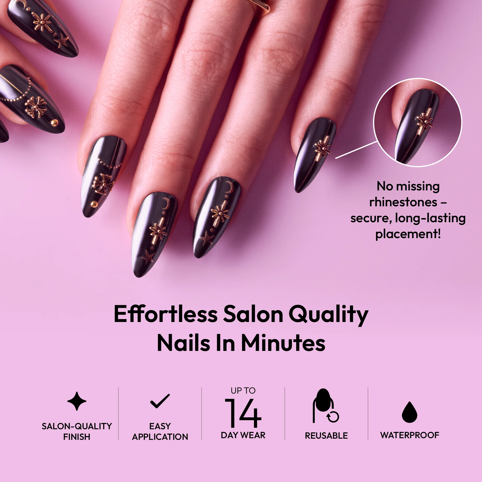 Gold Finger Glitzy 3D Handmade Press-On Nails – Black & Gold Celestial (Long Almond) - Image 2
