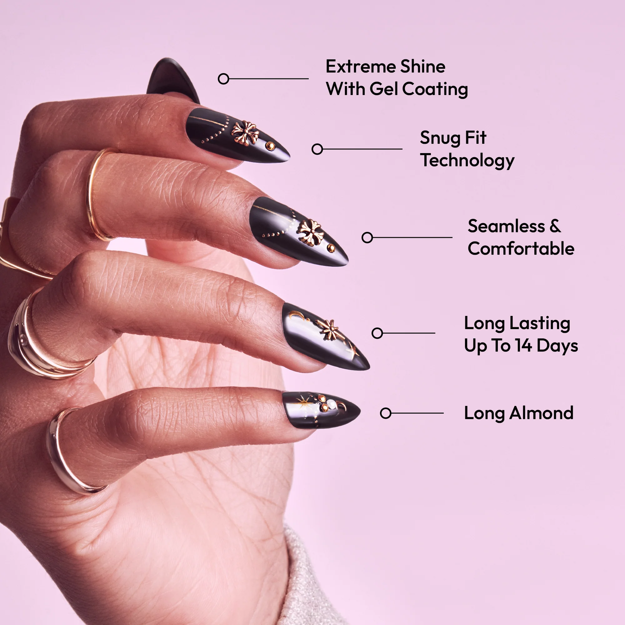 Gold Finger Glitzy 3D Handmade Press-On Nails – Black & Gold Celestial (Long Almond) - Image 3