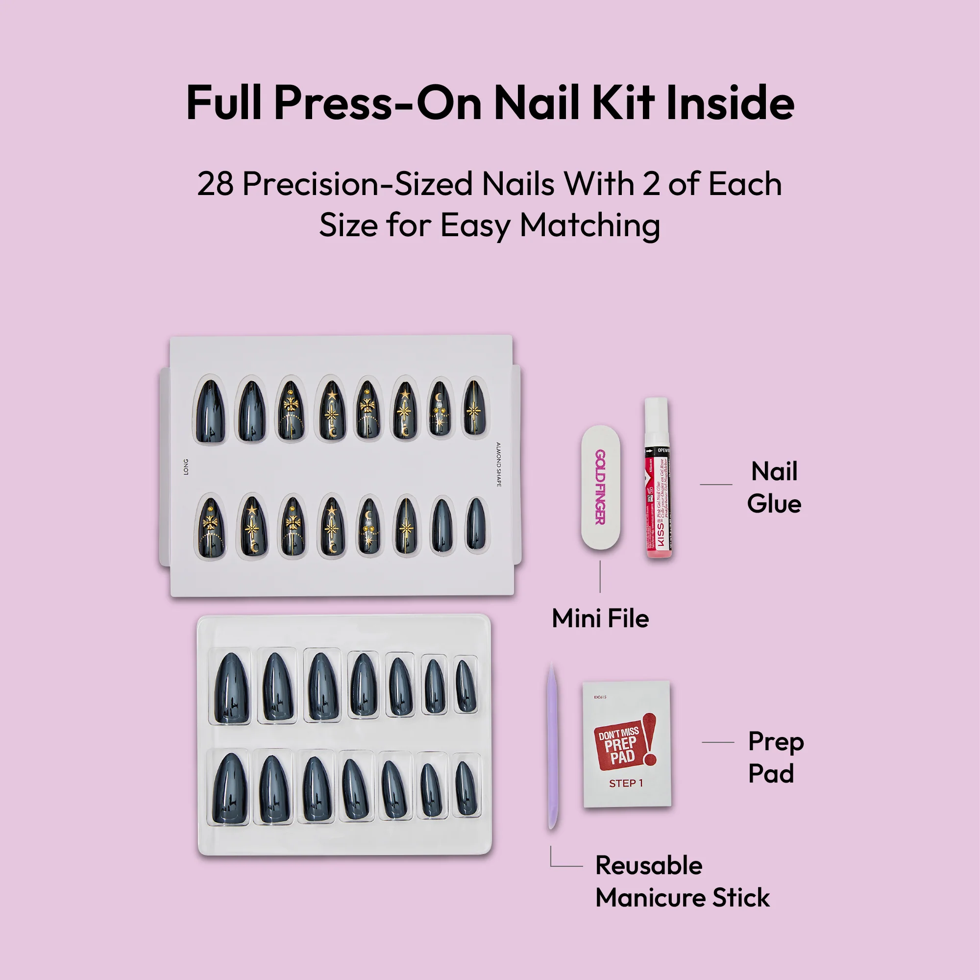 Gold Finger Glitzy 3D Handmade Press-On Nails – Black & Gold Celestial (Long Almond) - Image 5