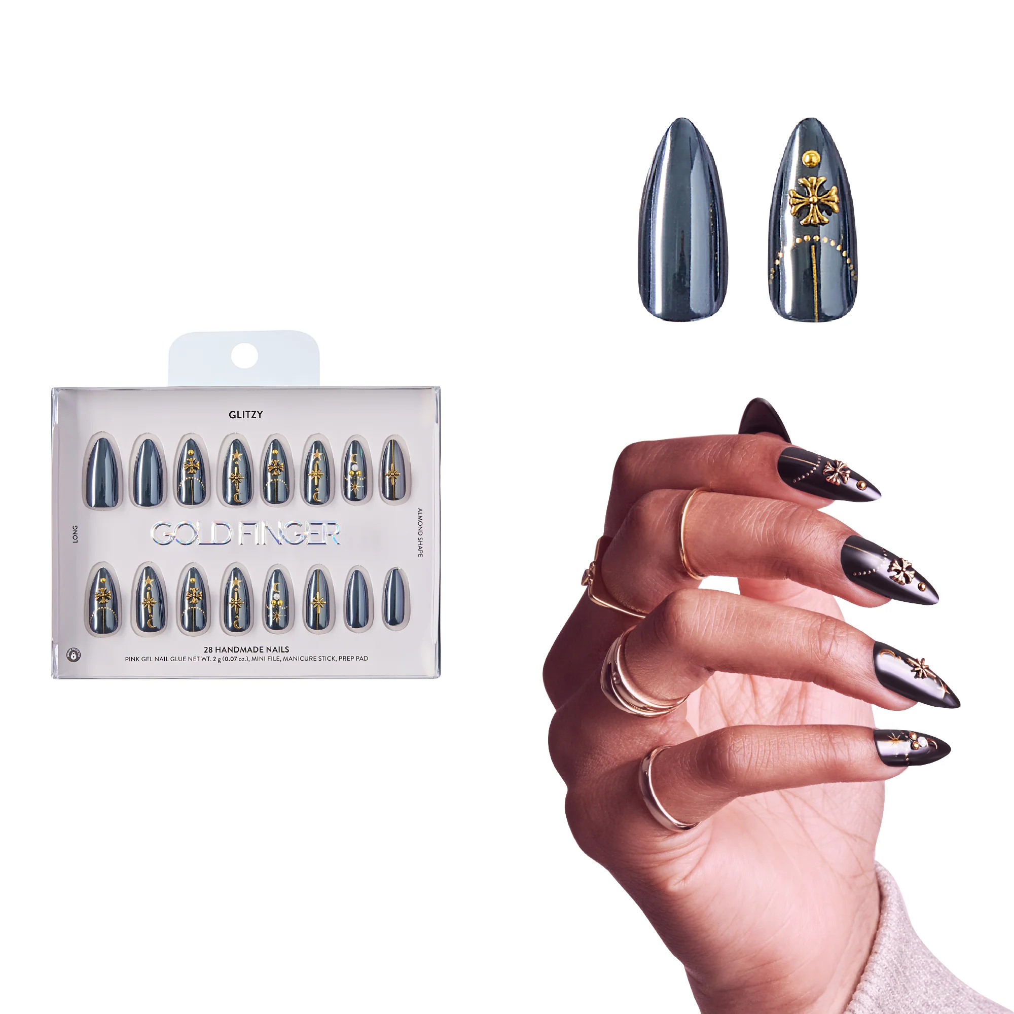 Gold Finger Glitzy 3D Handmade Press-On Nails – Black & Gold Celestial (Long Almond) - Image 8